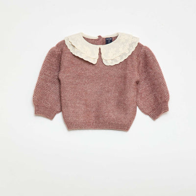 Knitted Sweater with Embroidered Peter Pan Collar PURPLE