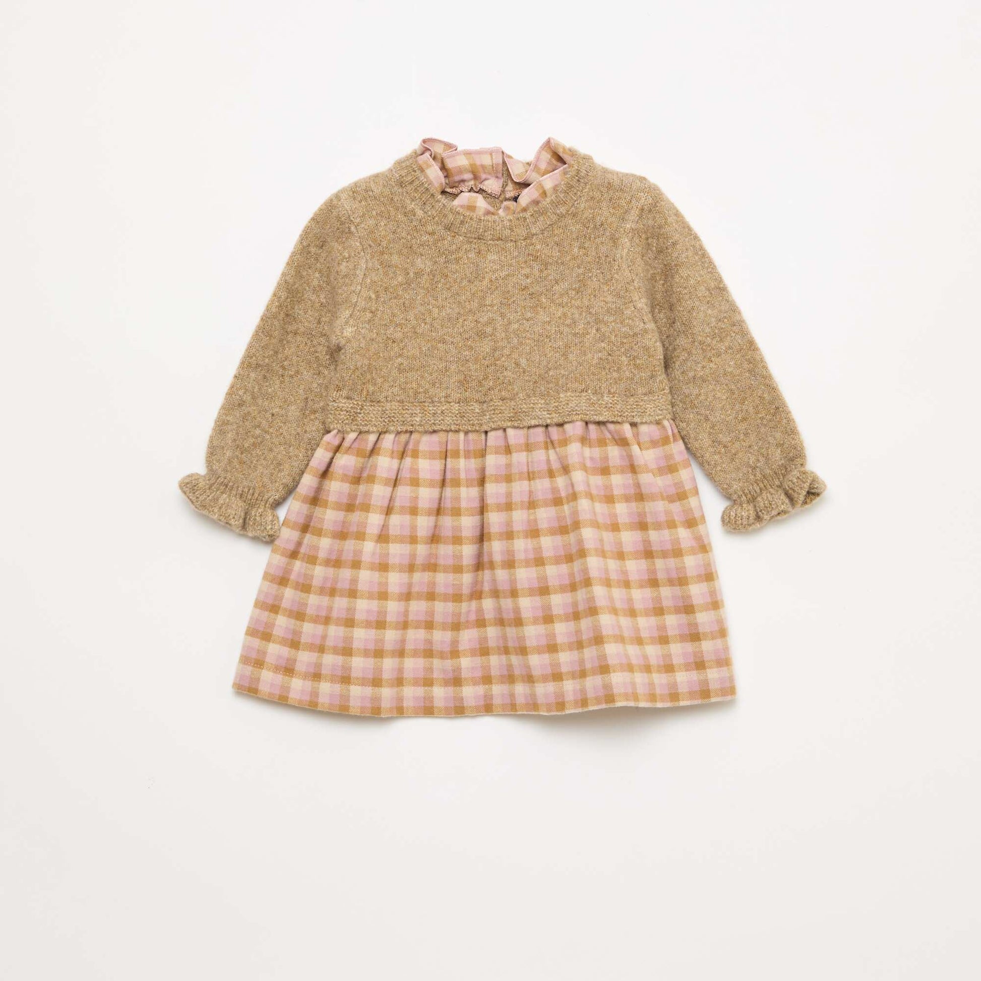 2-in-1 Knit and Flannel Mix Dress PINK