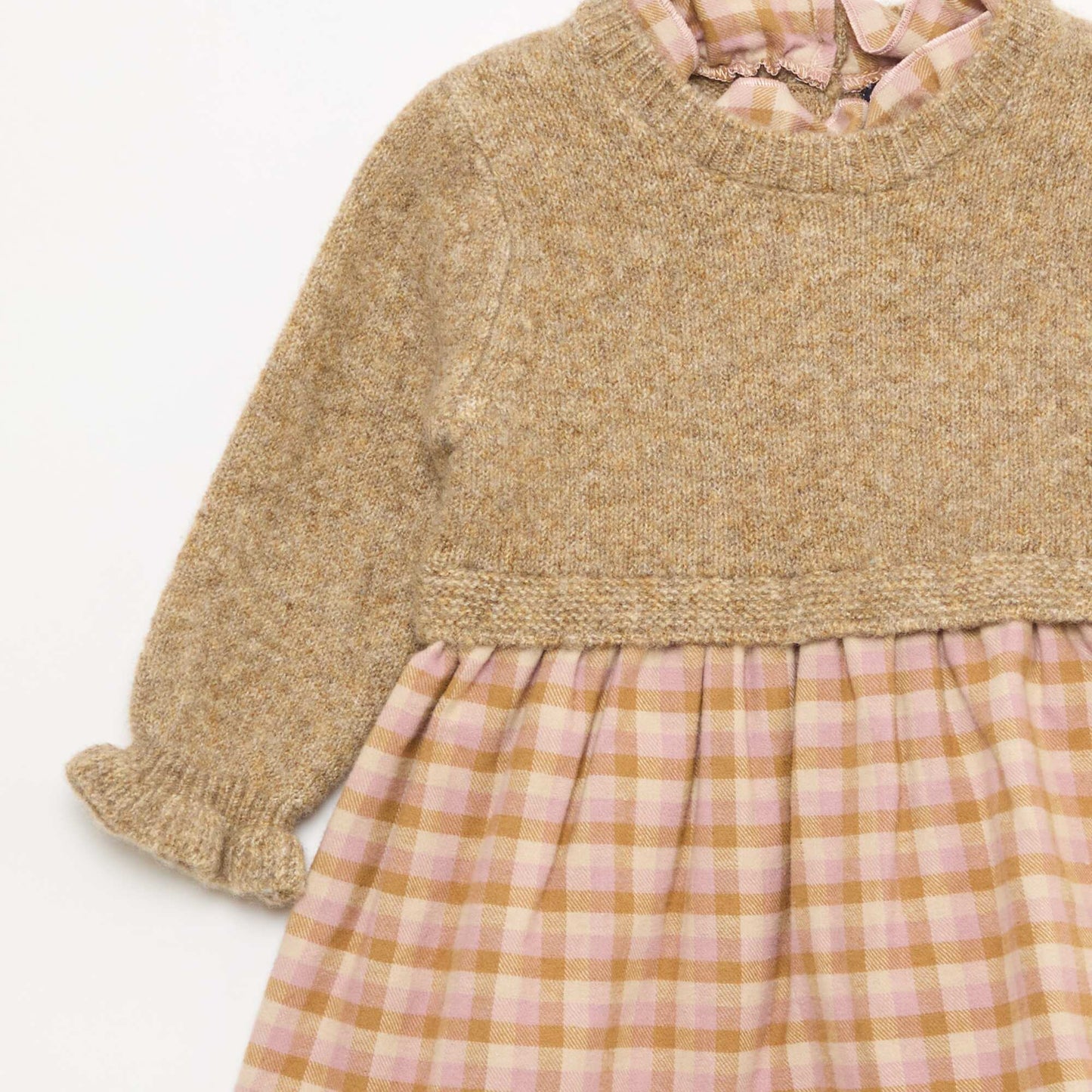 2-in-1 Knit and Flannel Mix Dress PINK
