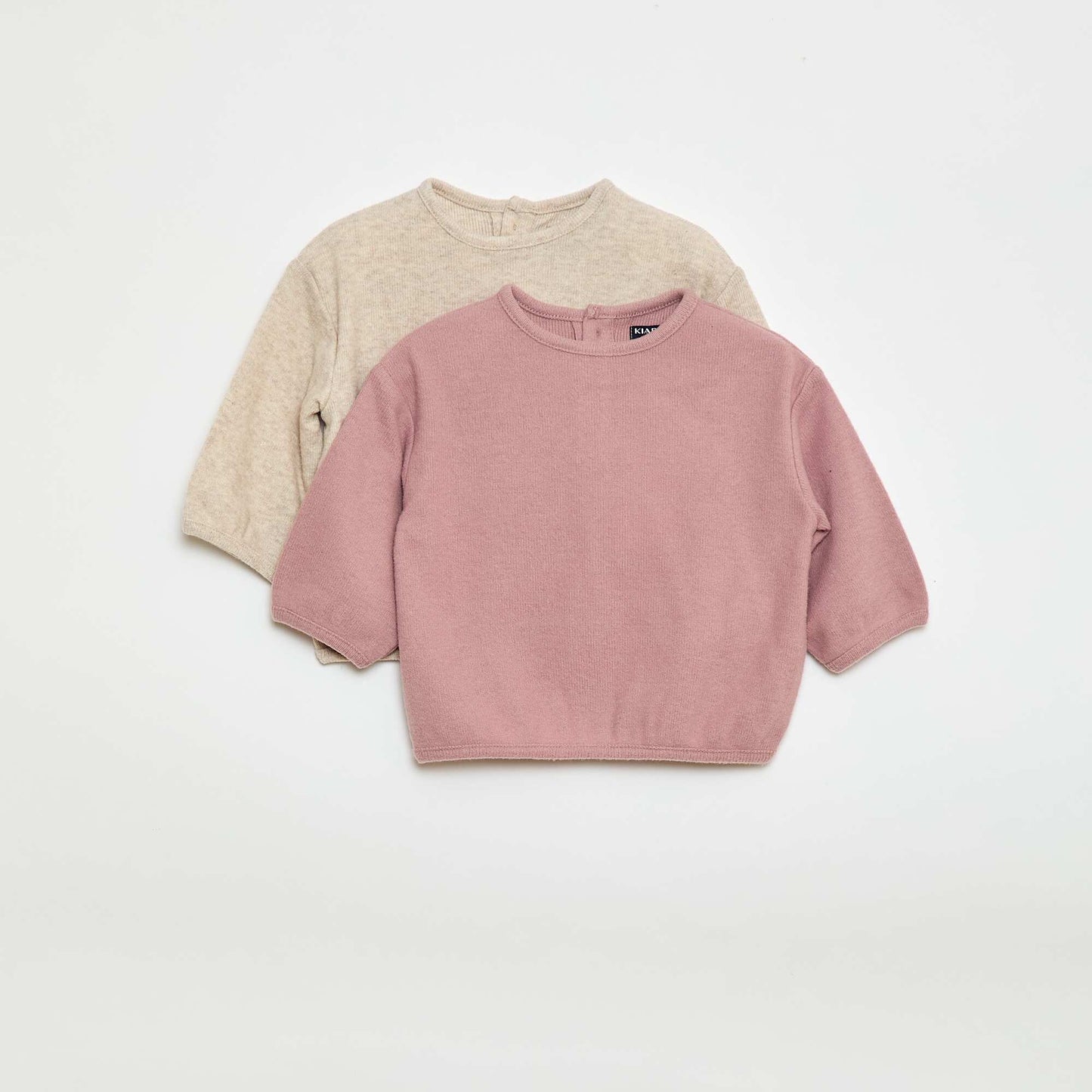 Buttoned Neck Plush Knit Sweater Set BEIGE