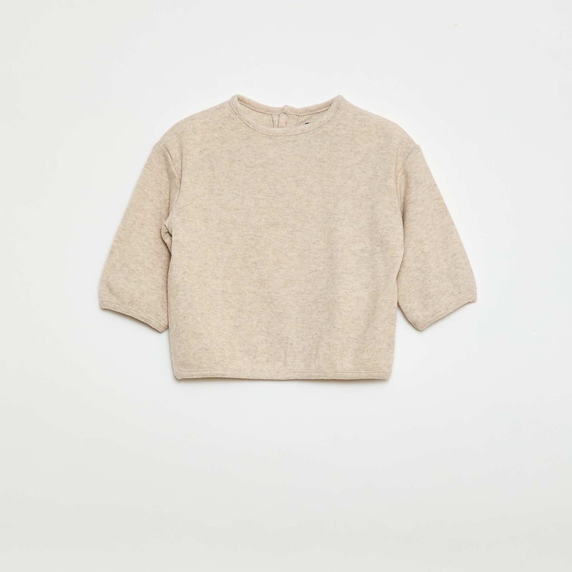 Buttoned Neck Plush Knit Sweater Set BEIGE