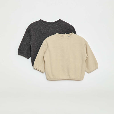 Cozy Knit Sweater Set with Buttoned Collar GREY