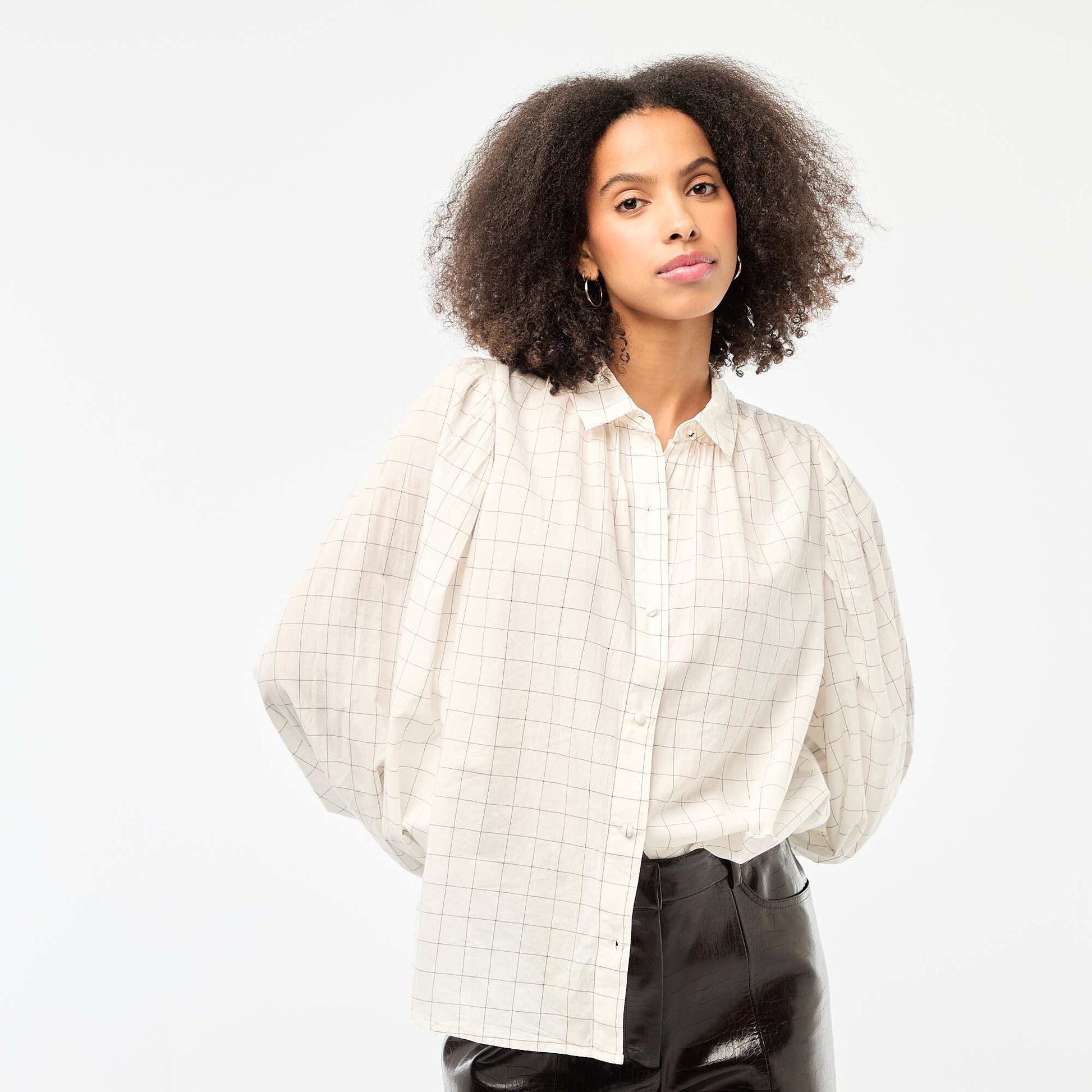Flowy Check Print Blouse WHITE