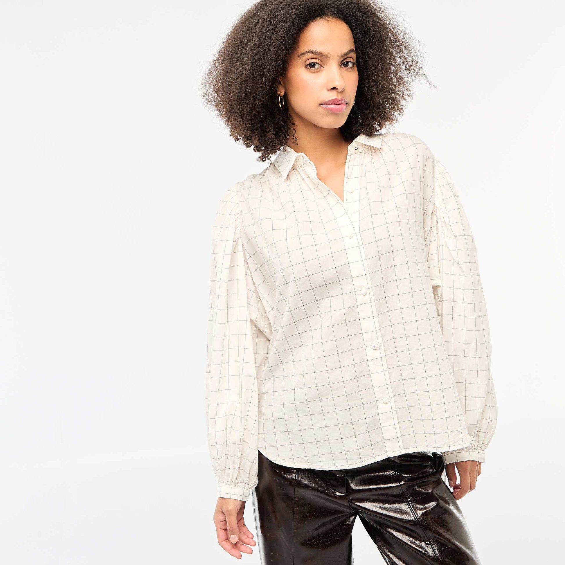 Flowy Check Print Blouse WHITE