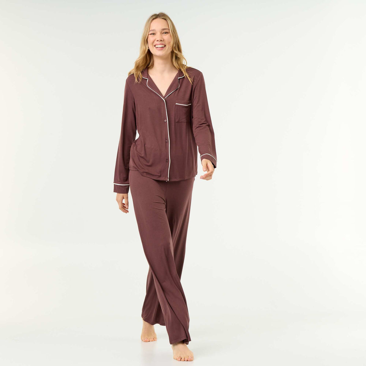 Soft Stretch Knit Long Pyjamas - 2-Piece Set BROWN