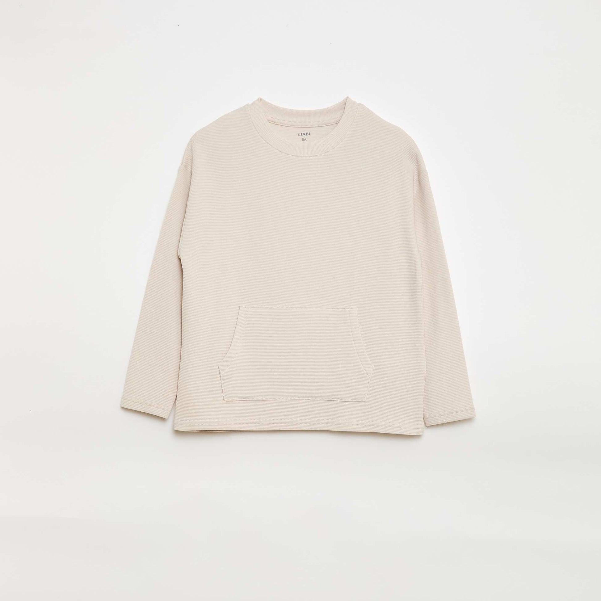 T-shirt with Ottoman Knit Kangaroo Pocket WHITE