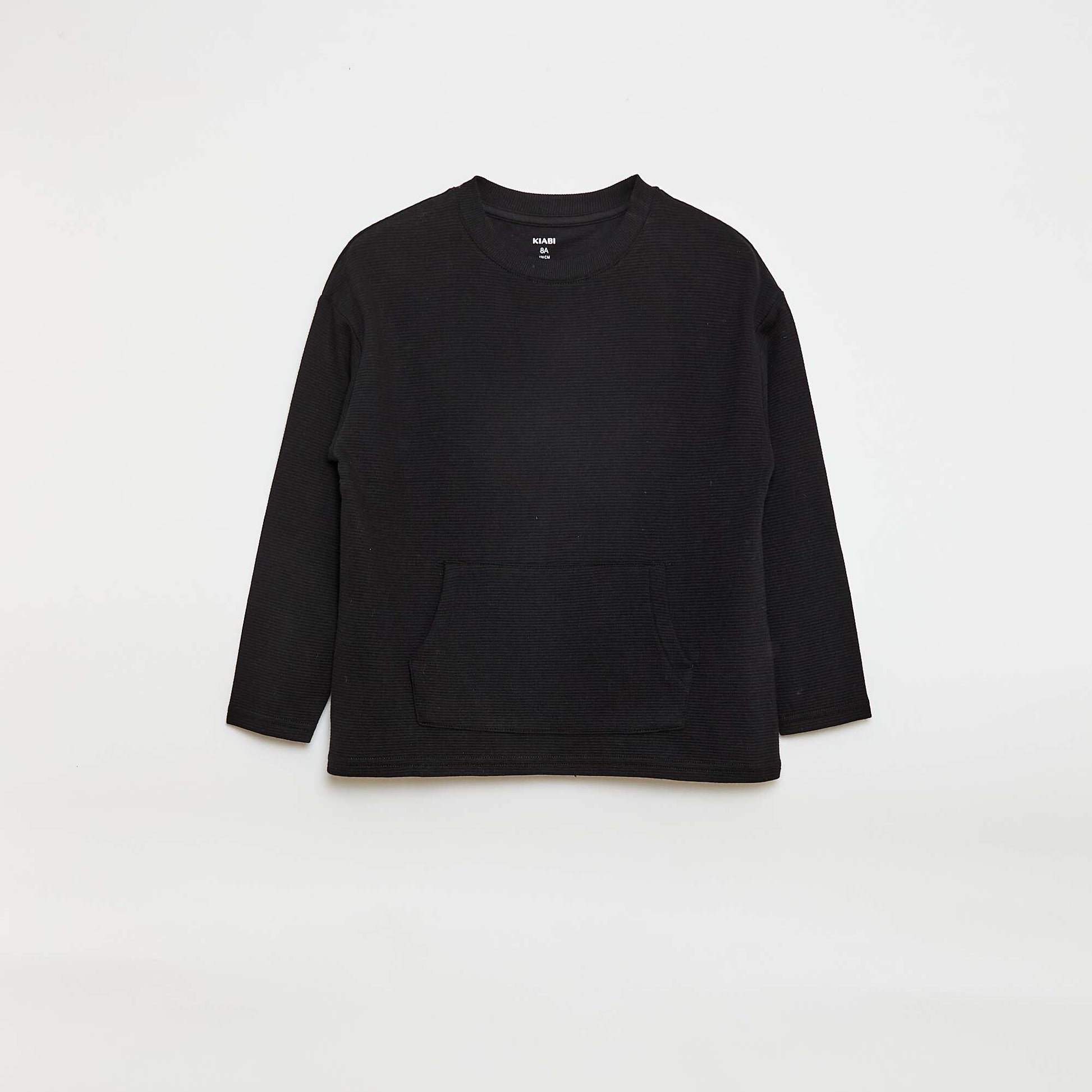 T-shirt with Ottoman Knit Kangaroo Pocket BLACK