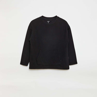 T-shirt with Ottoman Knit Kangaroo Pocket BLACK