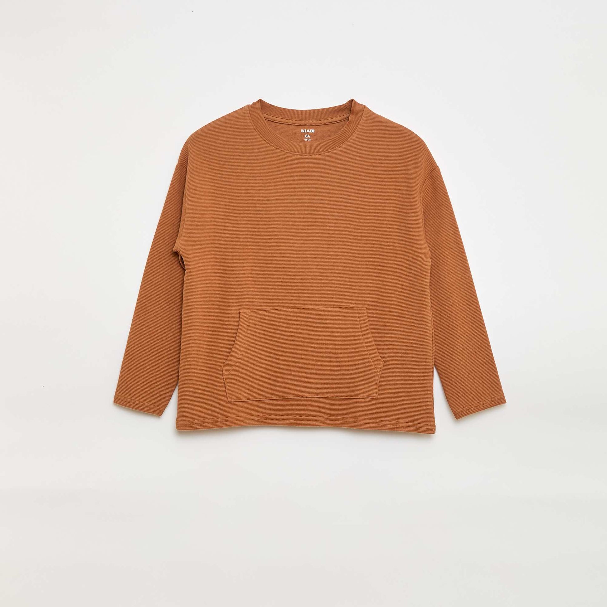 T-shirt with Ottoman Knit Kangaroo Pocket BROWN