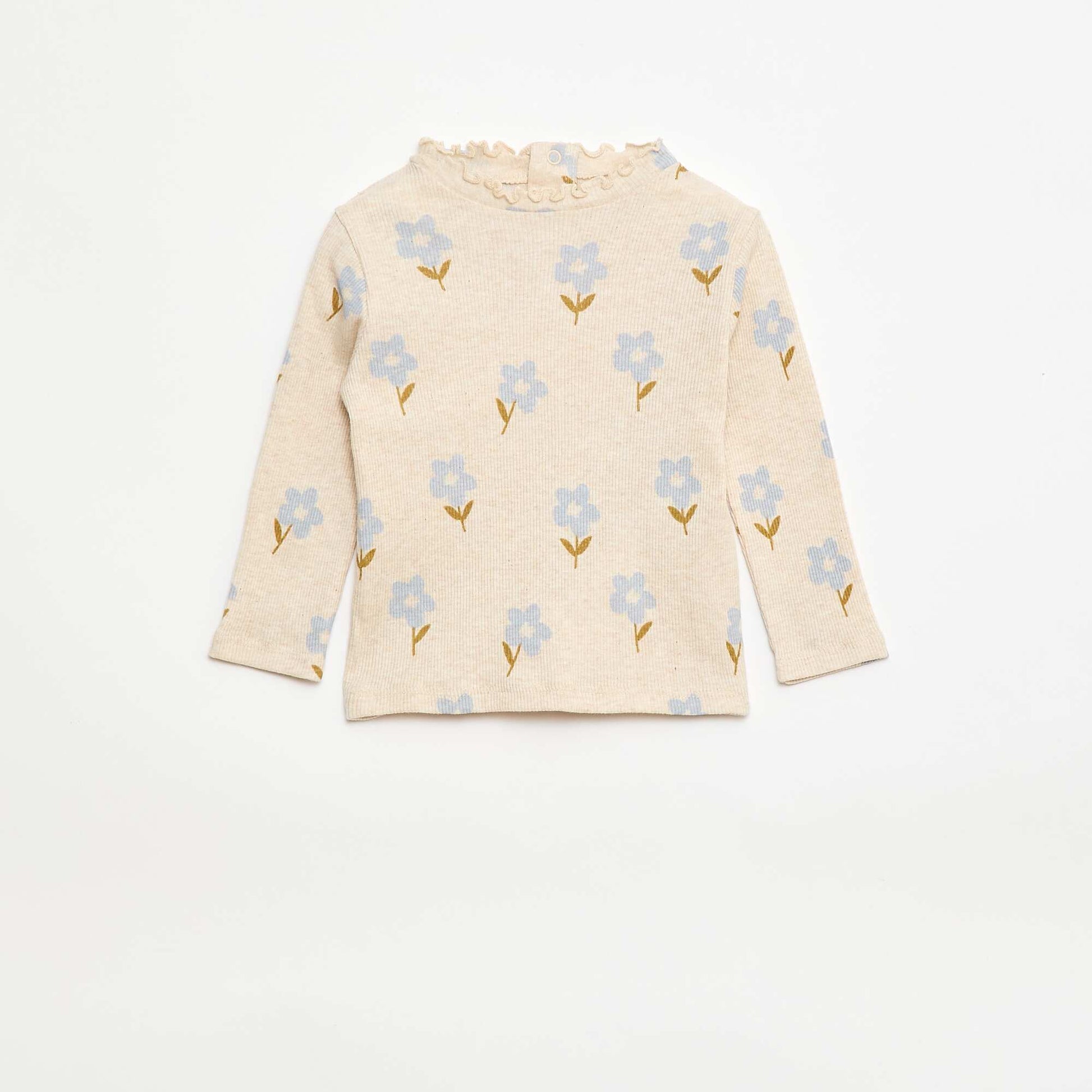 Ribbed T-Shirt with Scalloped Neck BEIGE