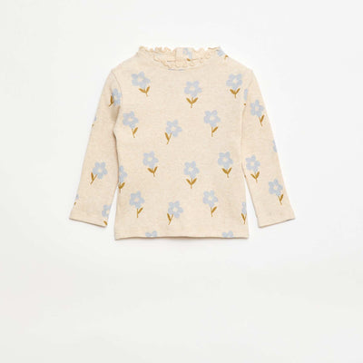 Ribbed T-Shirt with Scalloped Neck BEIGE