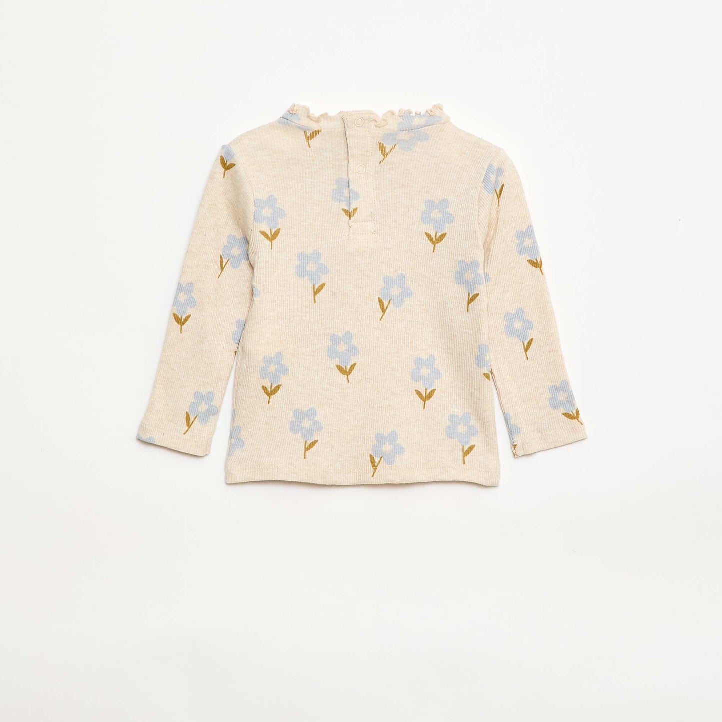 Ribbed T-Shirt with Scalloped Neck BEIGE