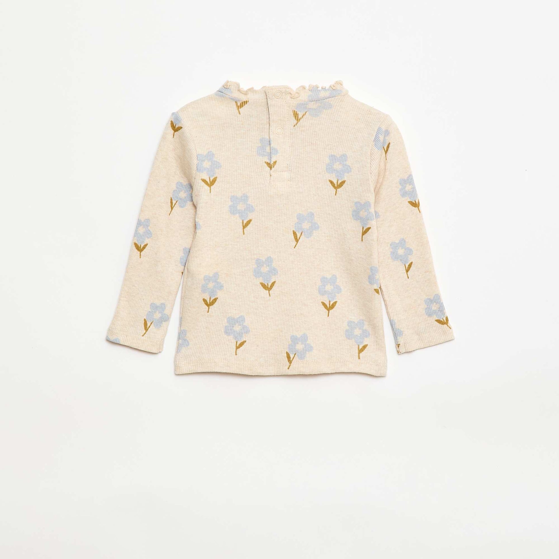 Ribbed T-Shirt with Scalloped Neck BEIGE