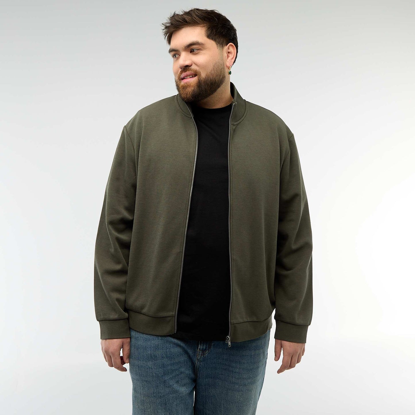Cotton Zip-Up High Neck Sweatshirt KHAKI