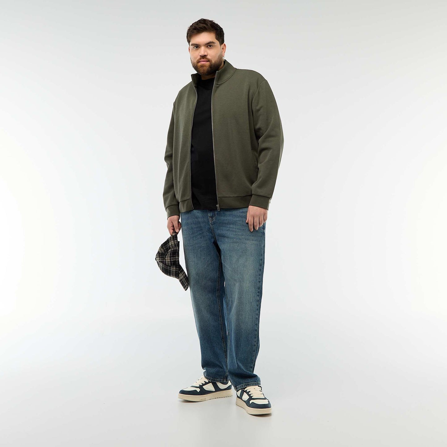 Cotton Zip-Up High Neck Sweatshirt KHAKI