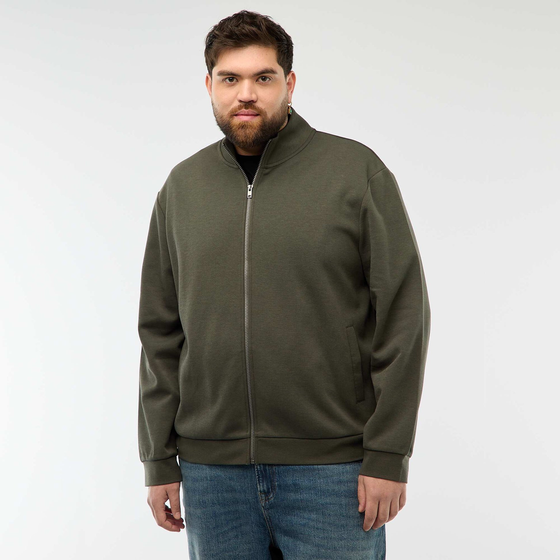 Cotton Zip-Up High Neck Sweatshirt KHAKI
