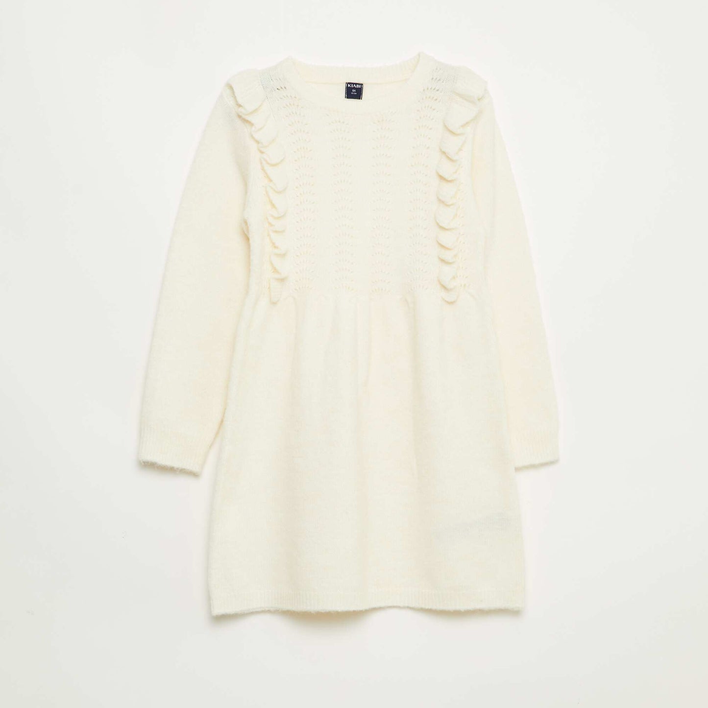 Knit Dress with Openwork Knit and Ruffles WHITE