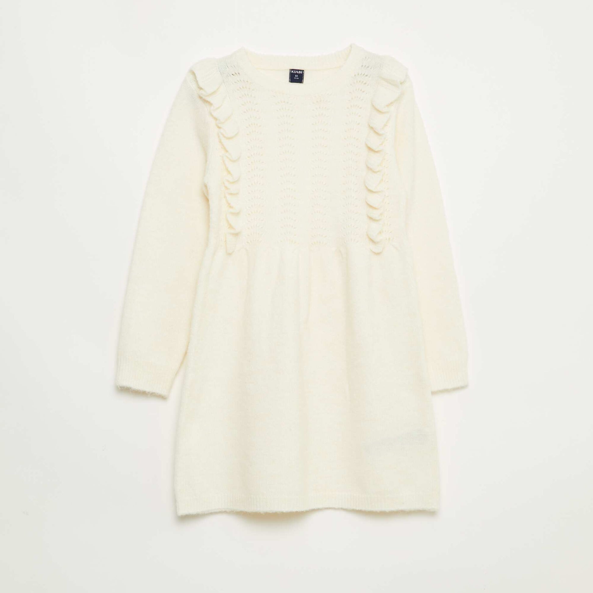 Knit Dress with Openwork Knit and Ruffles WHITE