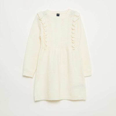 Knit Dress with Openwork Knit and Ruffles WHITE