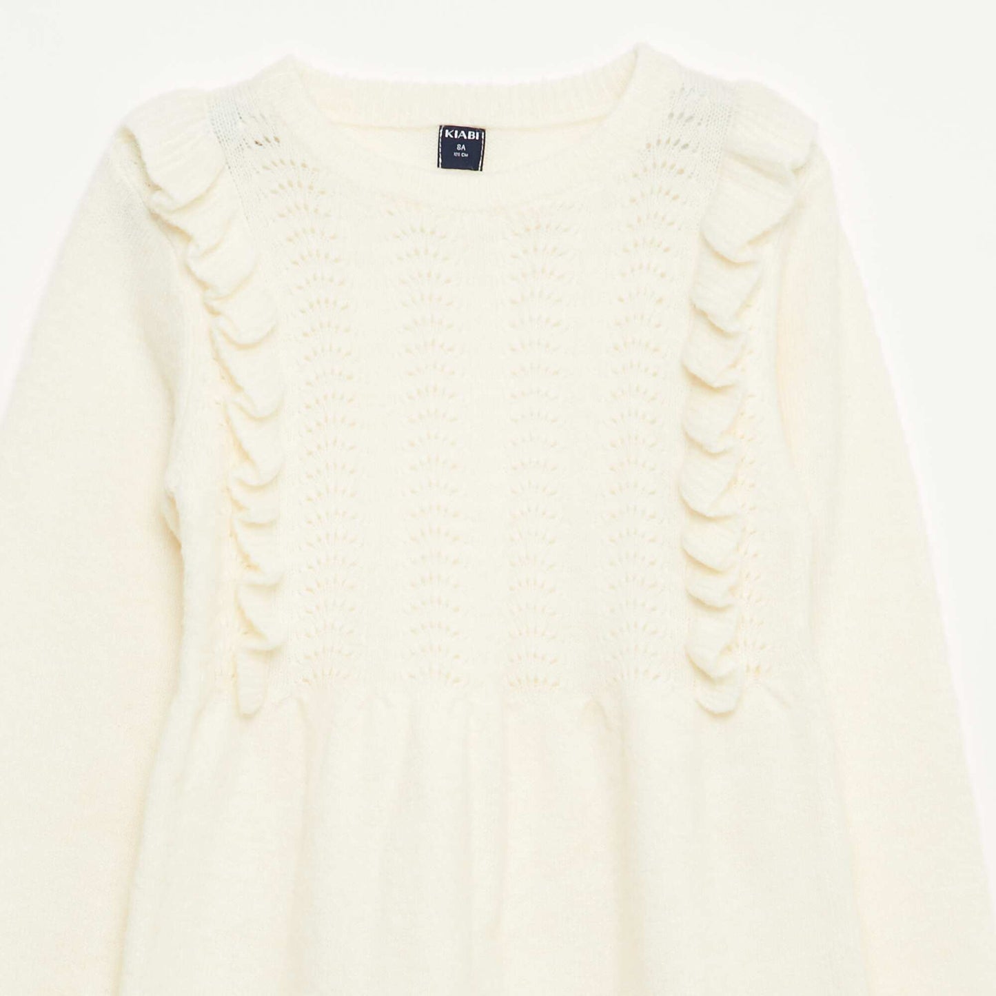 Knit Dress with Openwork Knit and Ruffles WHITE