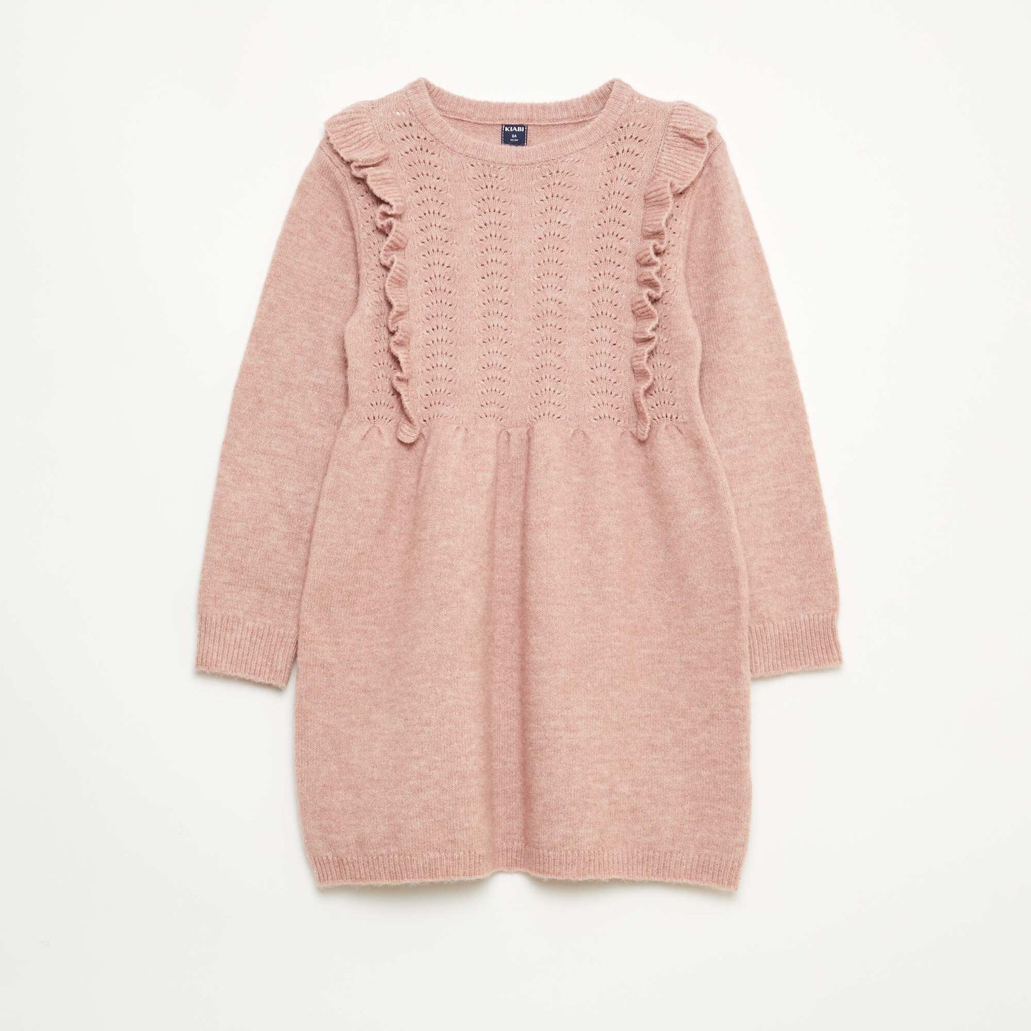 Knit Sweater Dress with Openwork Knit and Ruffles PINK