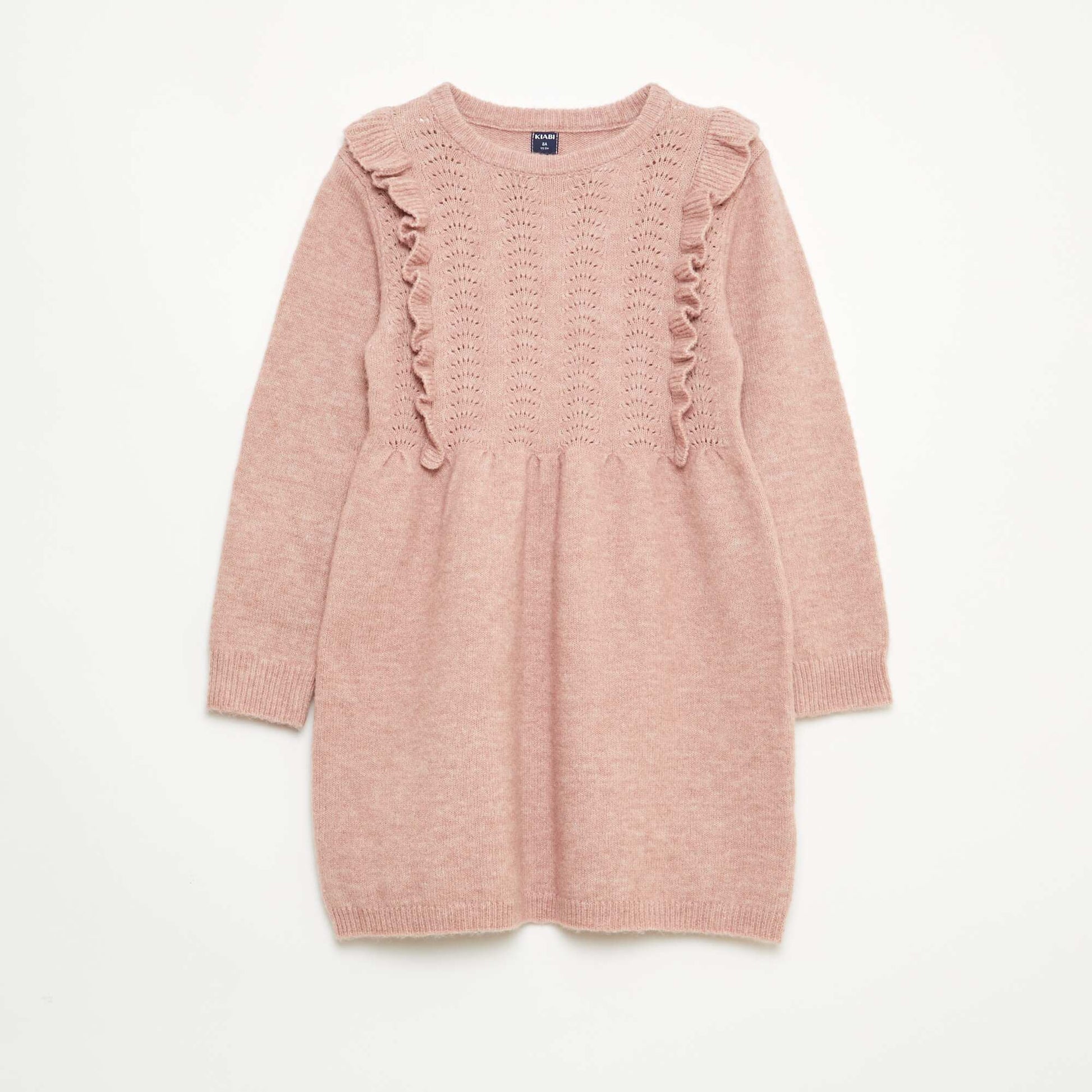 Knit Sweater Dress with Openwork Knit and Ruffles PINK