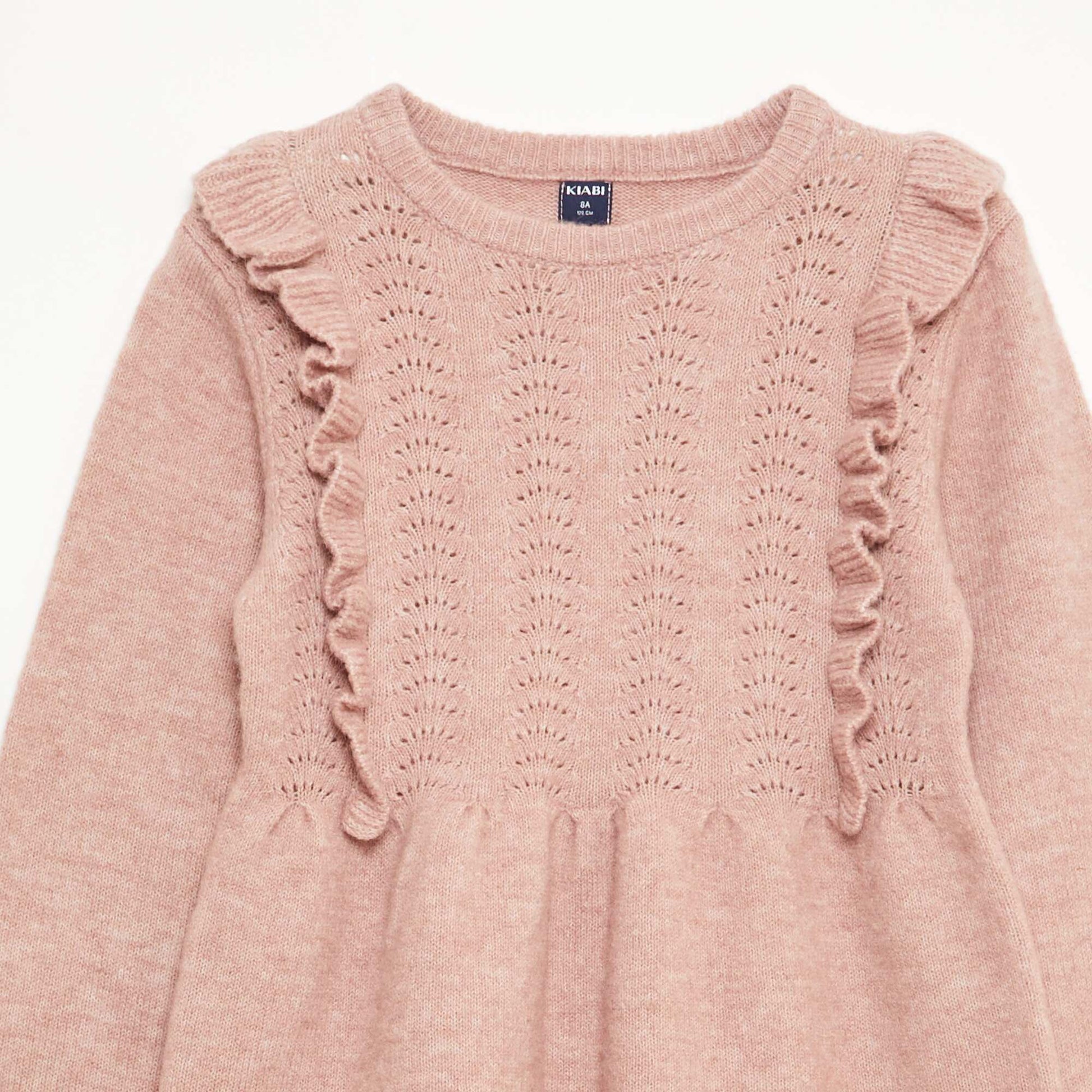 Knit Sweater Dress with Openwork Knit and Ruffles PINK
