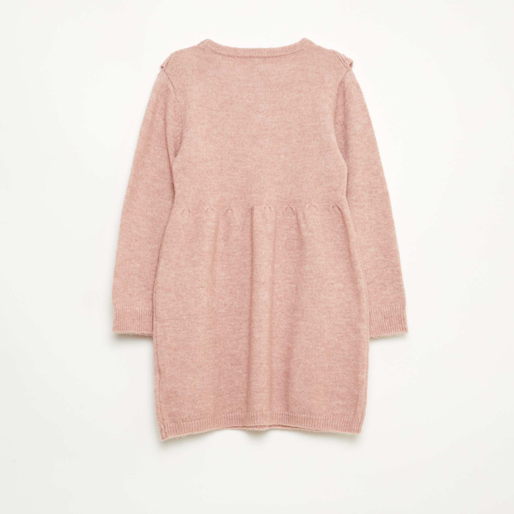 Knit Sweater Dress with Openwork Knit and Ruffles PINK