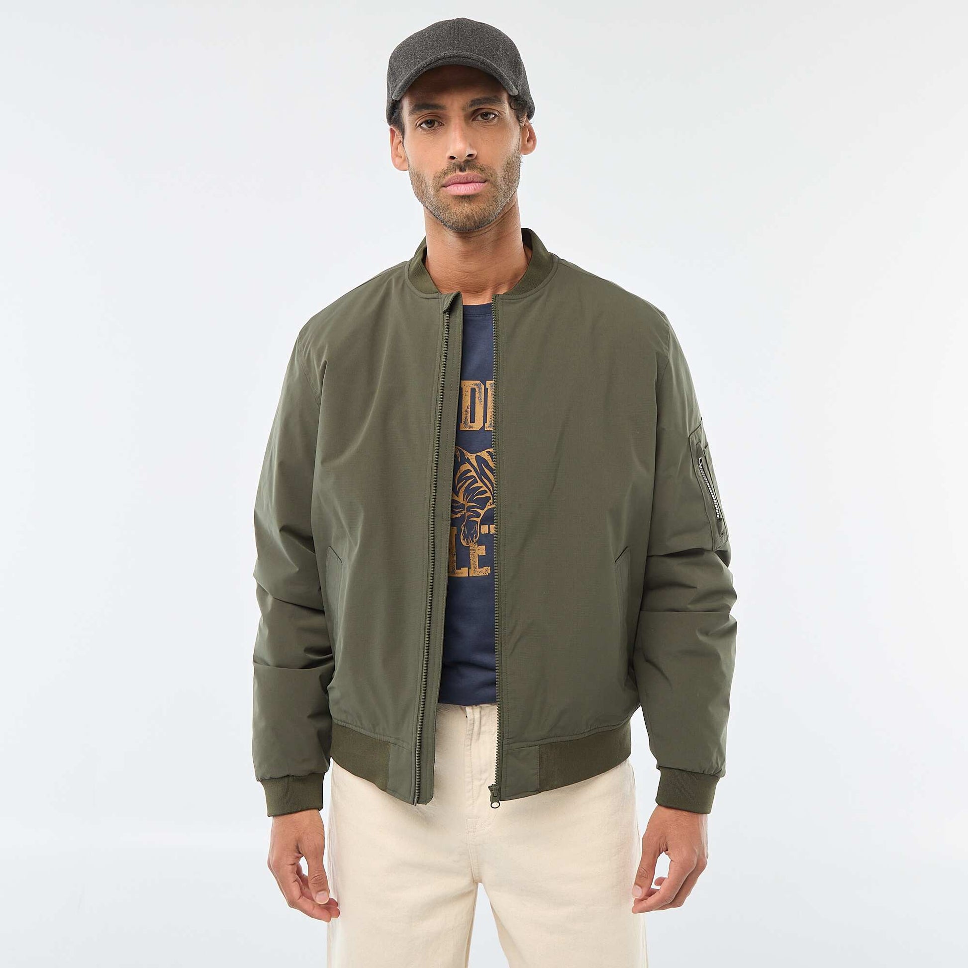 Aviator-style Jacket with Zipped Sleeve Pocket KHAKI