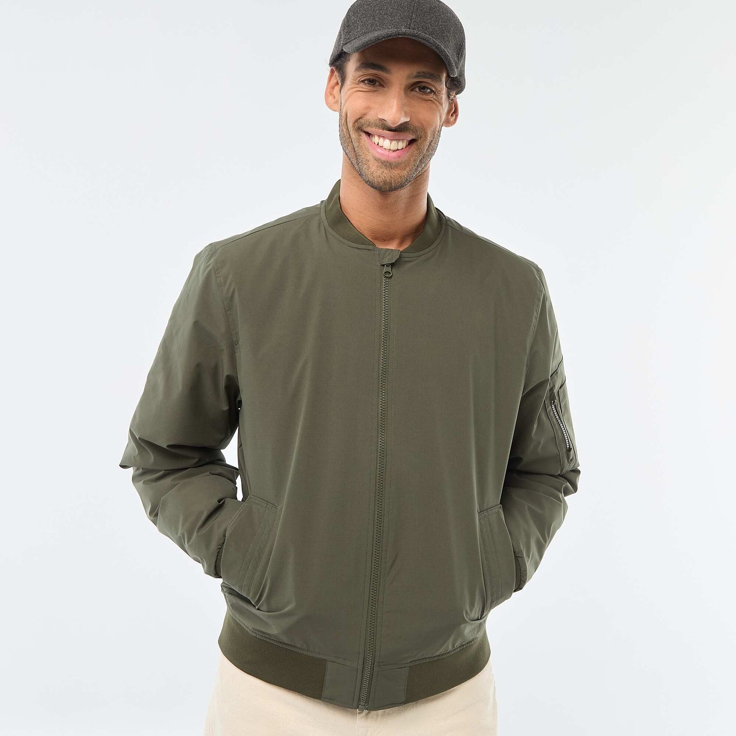 Aviator-style Jacket with Zipped Sleeve Pocket KHAKI