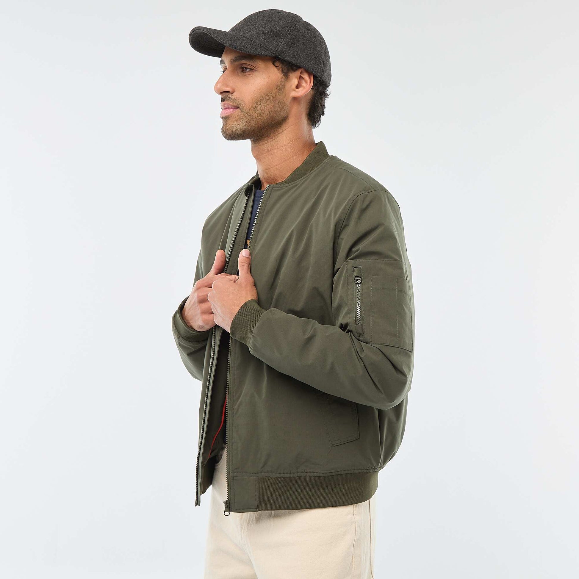 Aviator-style Jacket with Zipped Sleeve Pocket KHAKI