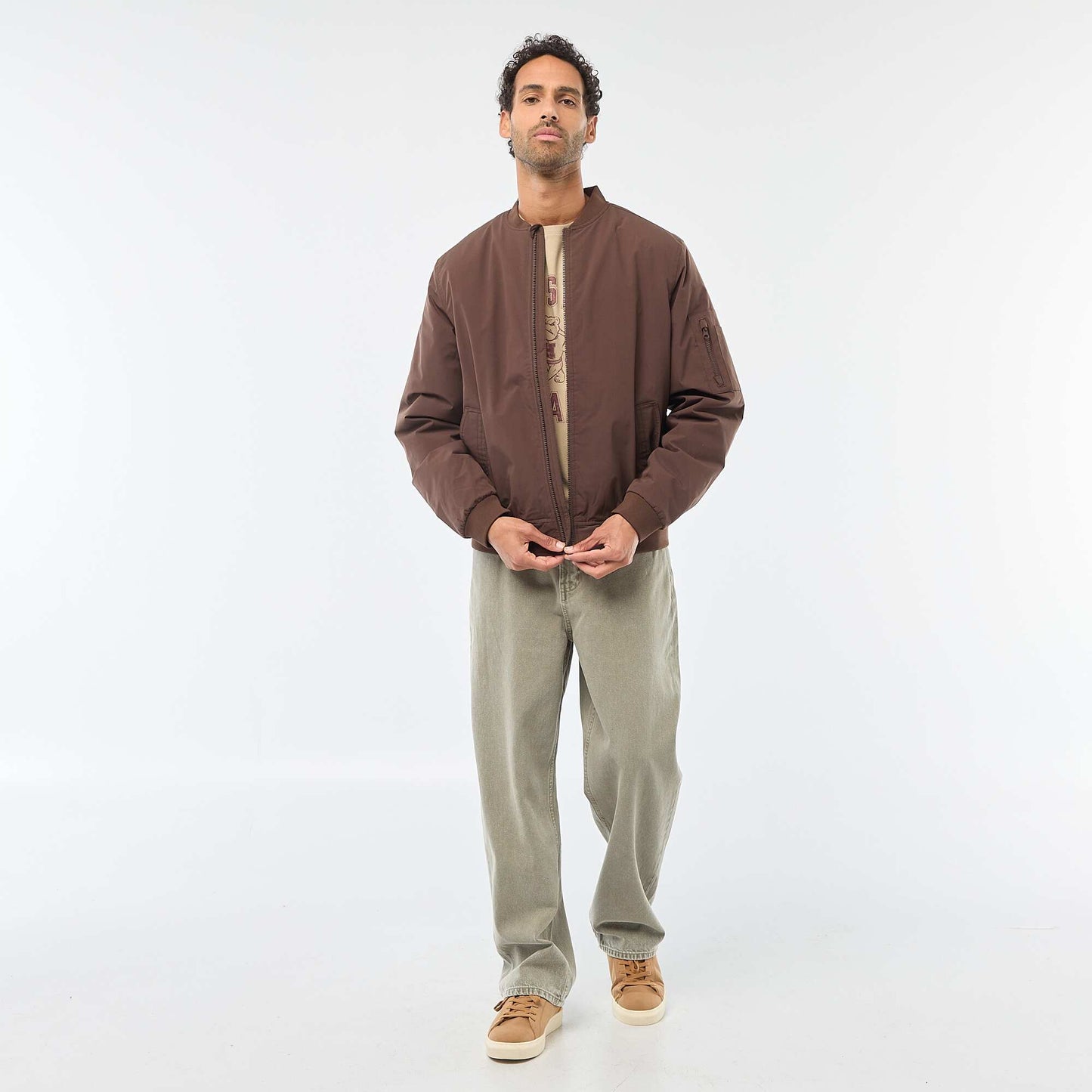 Aviator-Style Jacket with Zipped Sleeve Pocket BROWN