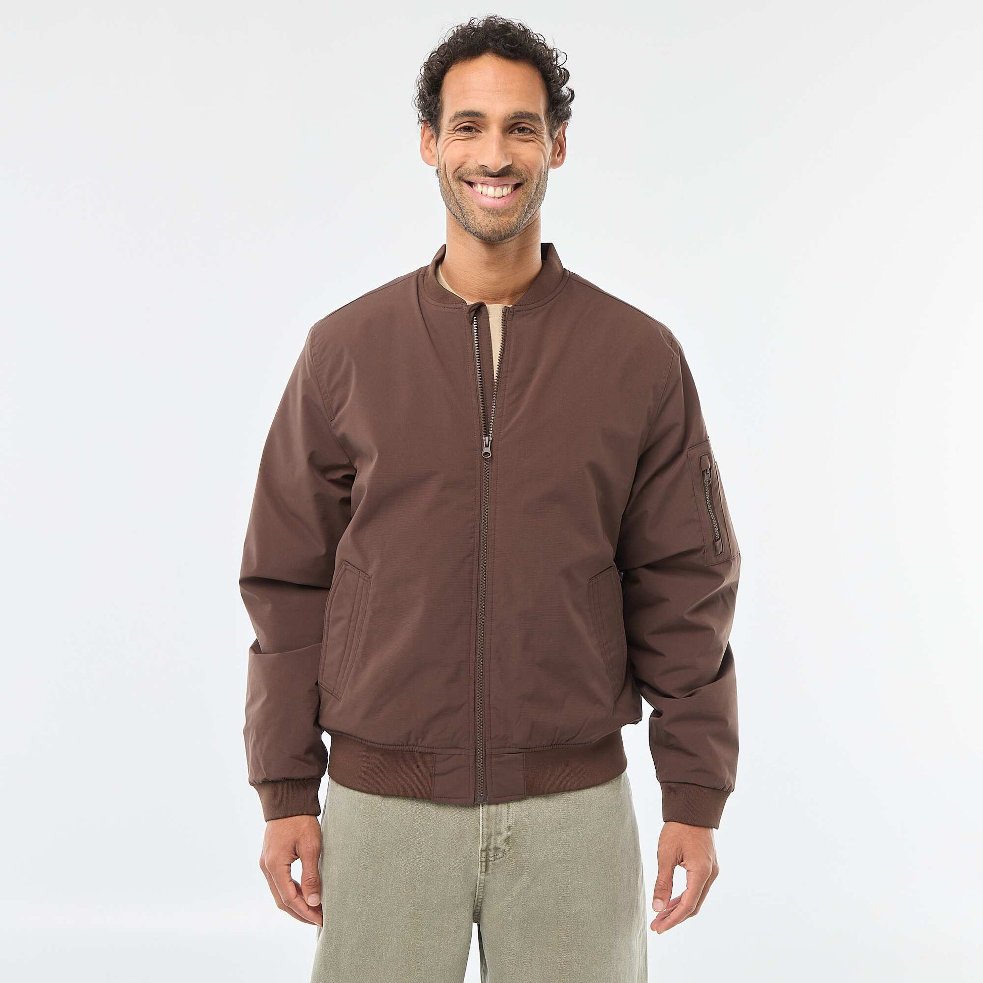 Aviator-Style Jacket with Zipped Sleeve Pocket BROWN