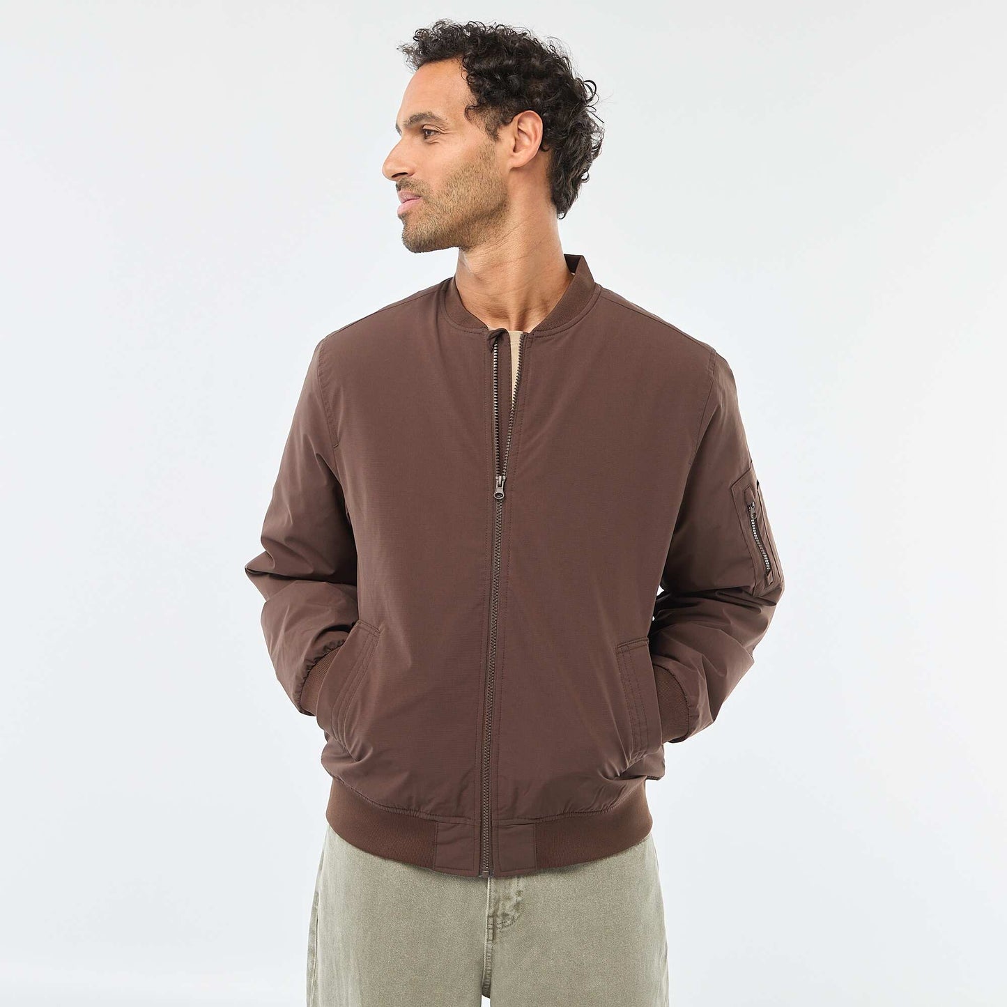 Aviator-Style Jacket with Zipped Sleeve Pocket BROWN