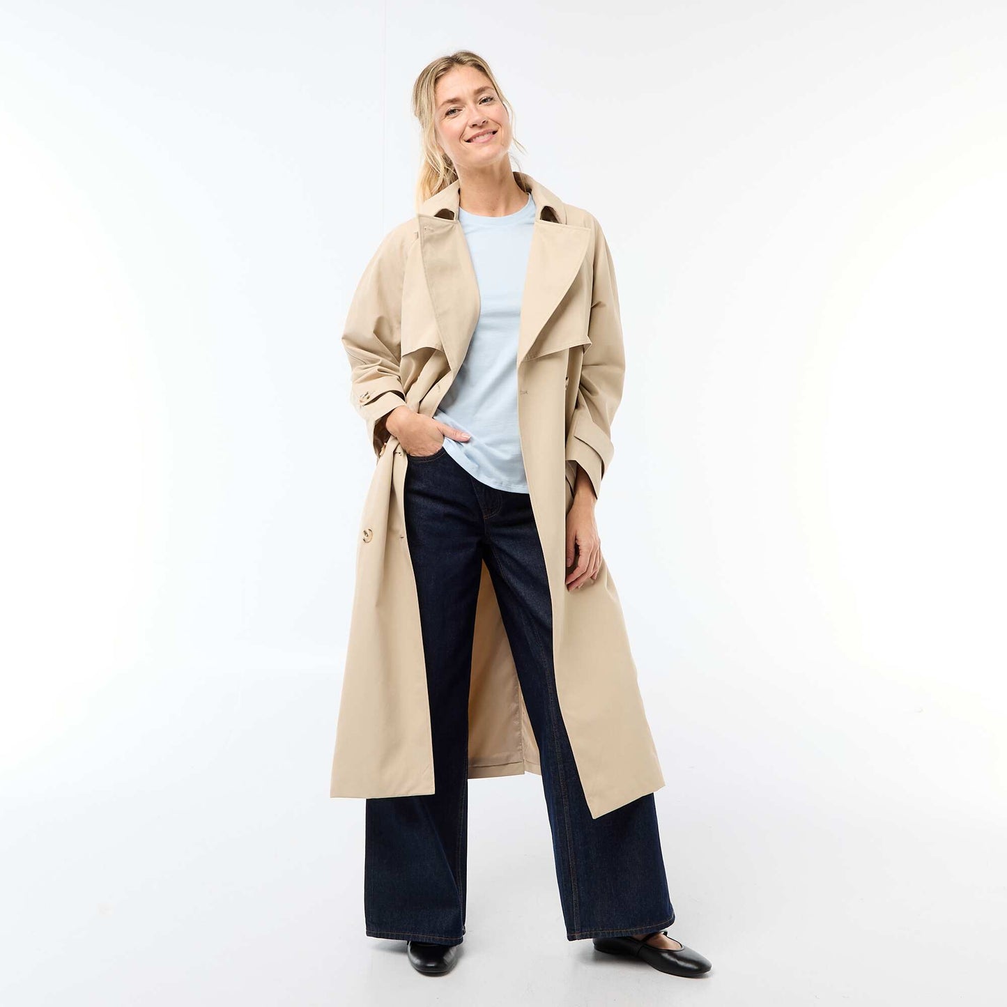 Double-Breasted Long Trench Coat BEIGE