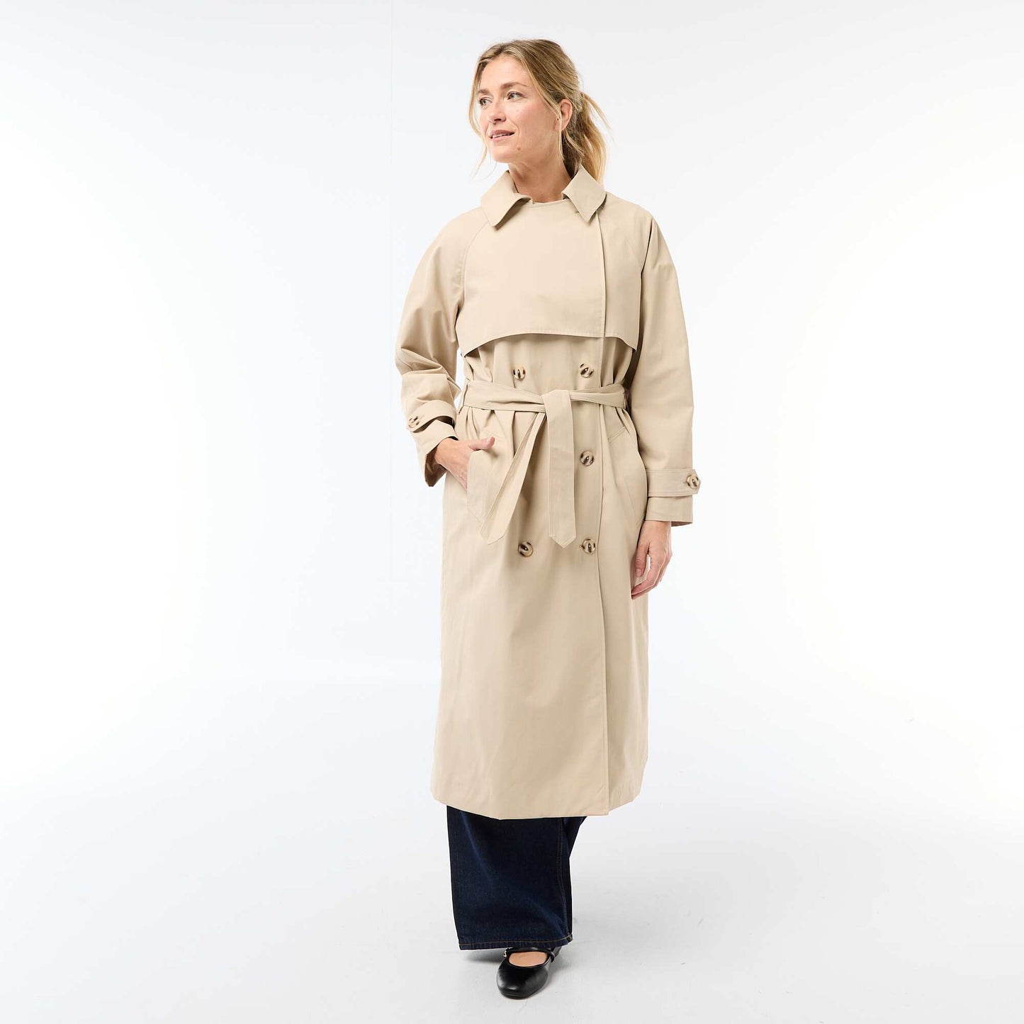 Double-Breasted Long Trench Coat BEIGE