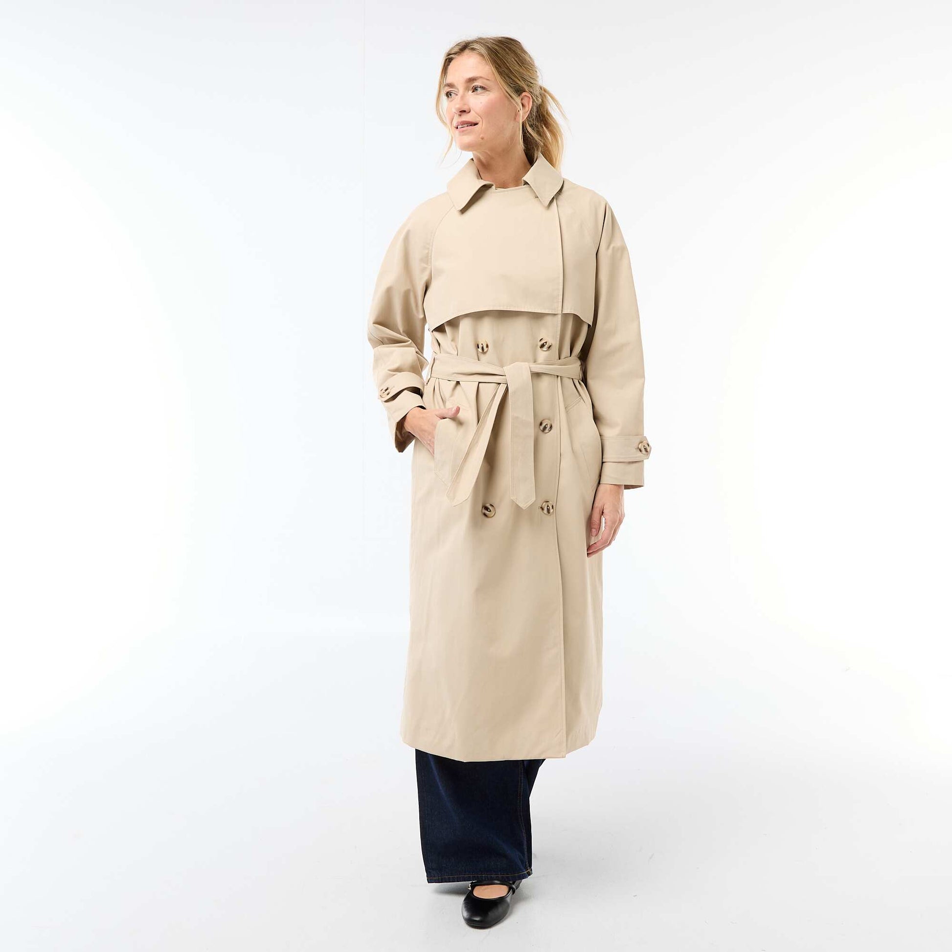 Double-Breasted Long Trench Coat BEIGE