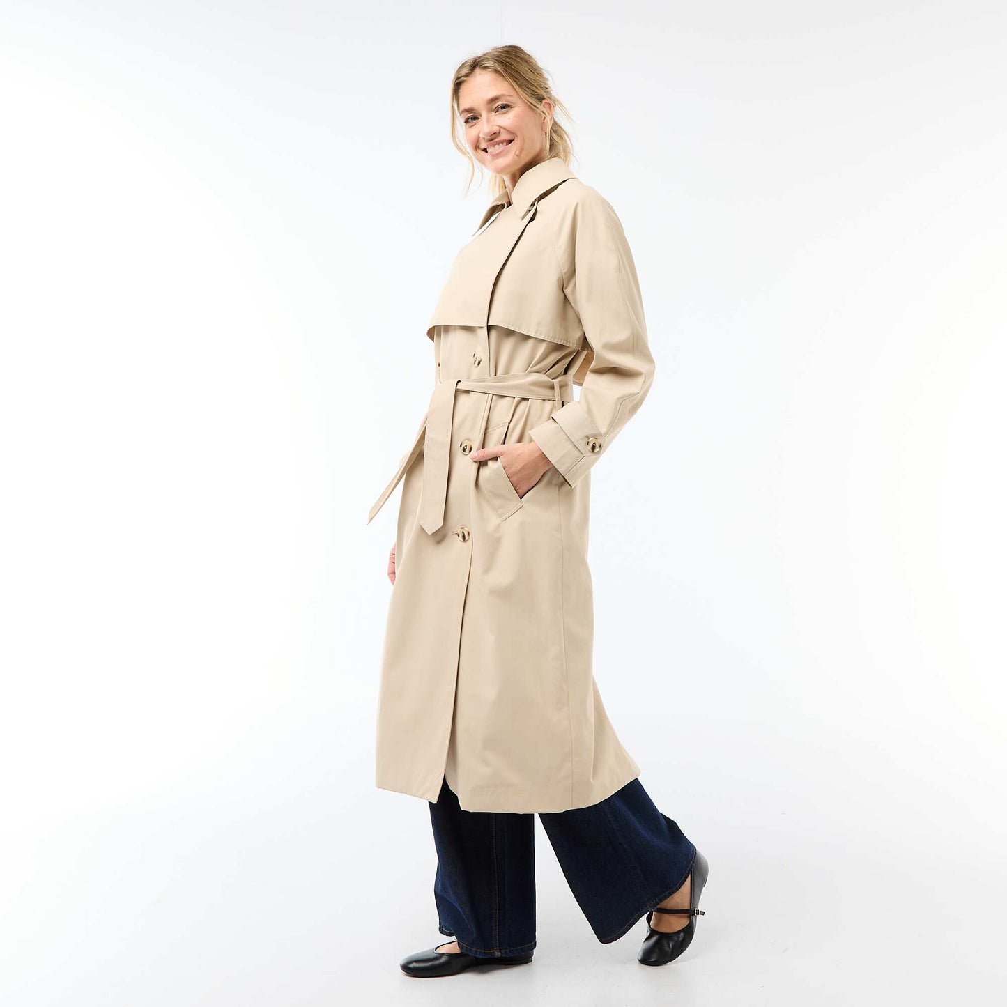 Double-Breasted Long Trench Coat BEIGE
