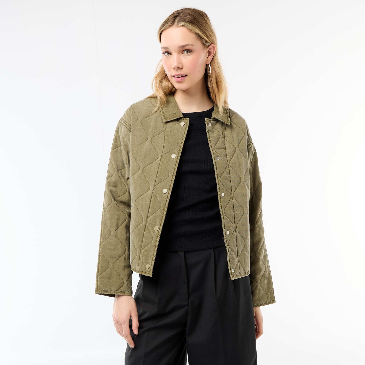 Solid Quilted Jacket with Shirt Collar KHAKI
