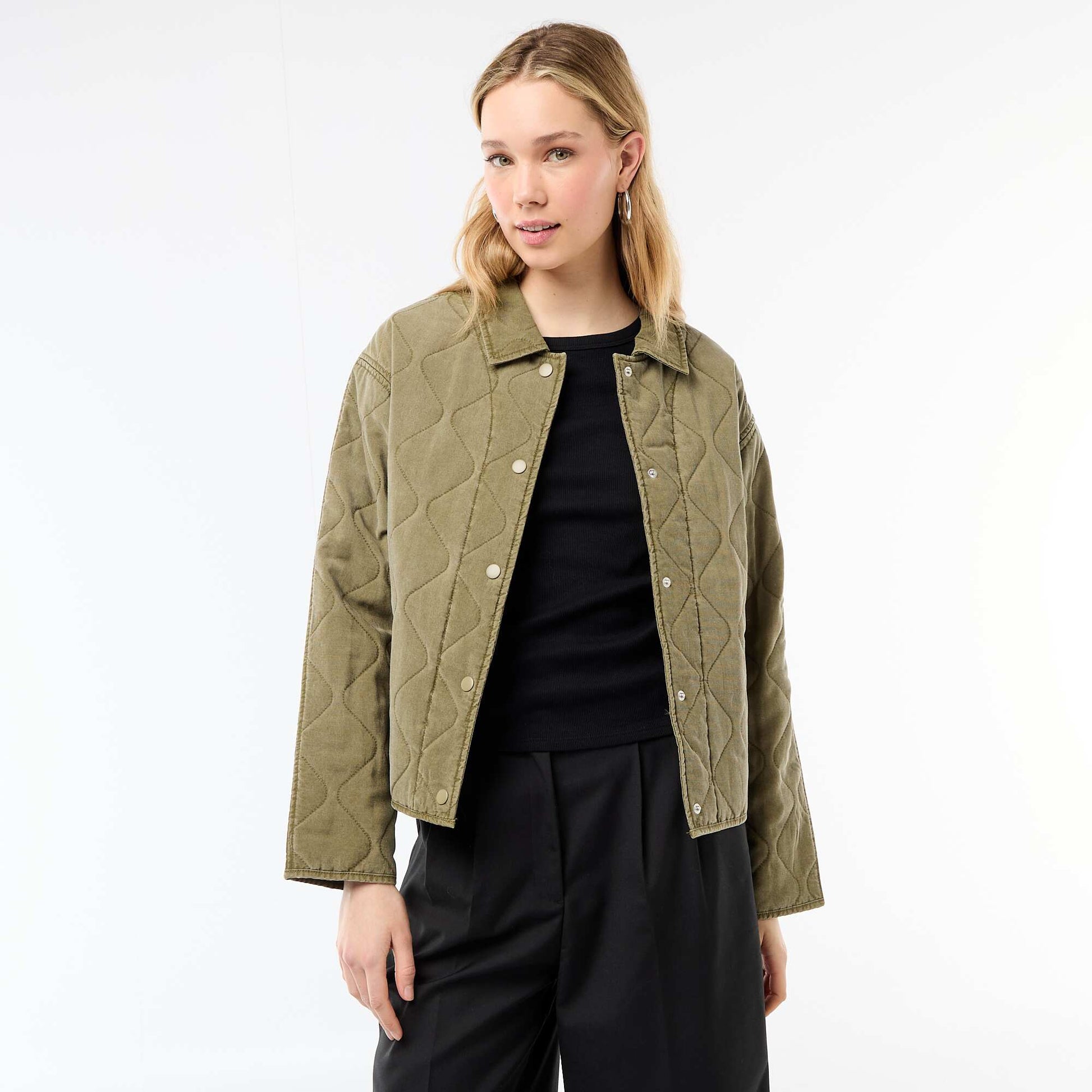 Solid Quilted Jacket with Shirt Collar KHAKI