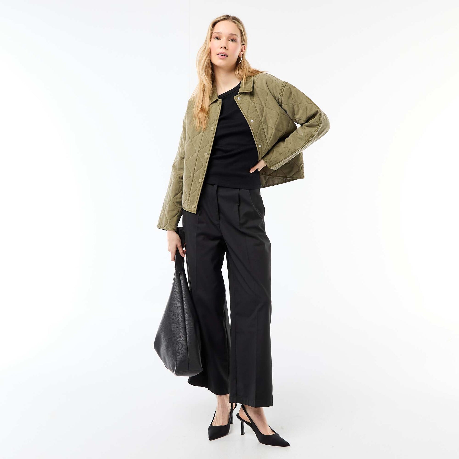 Solid Quilted Jacket with Shirt Collar KHAKI