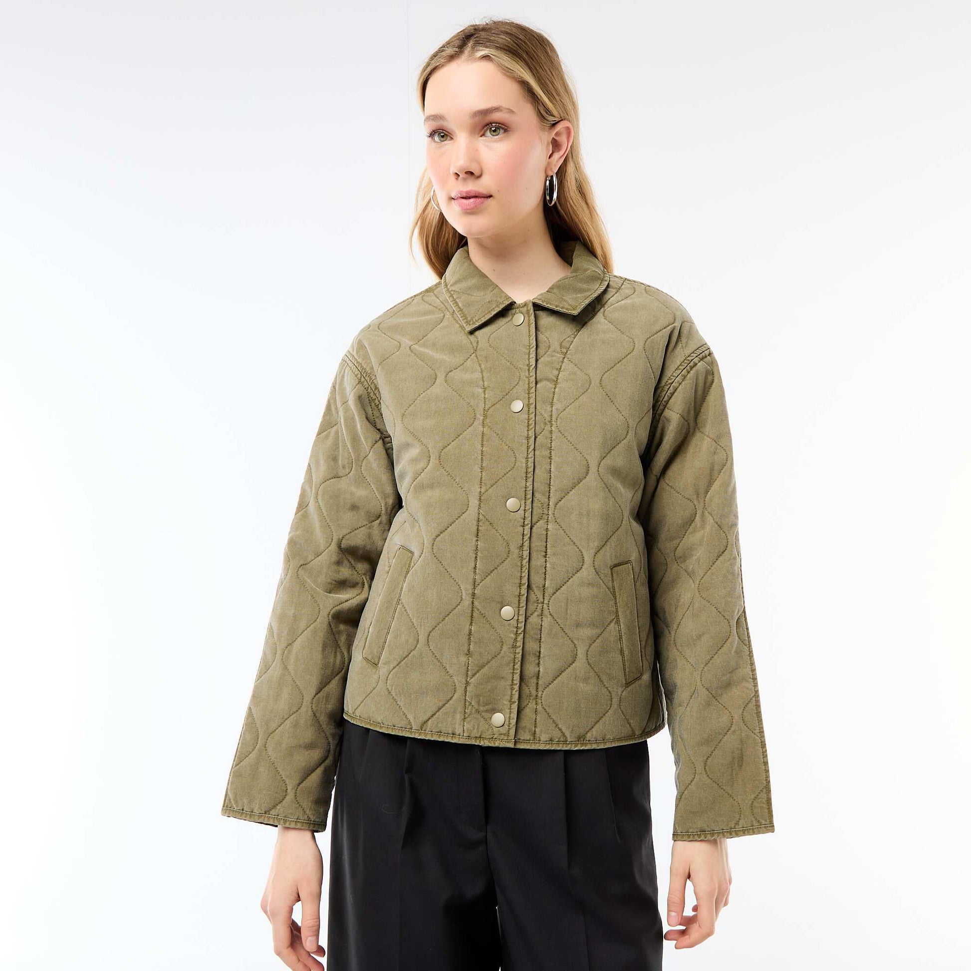 Solid Quilted Jacket with Shirt Collar KHAKI
