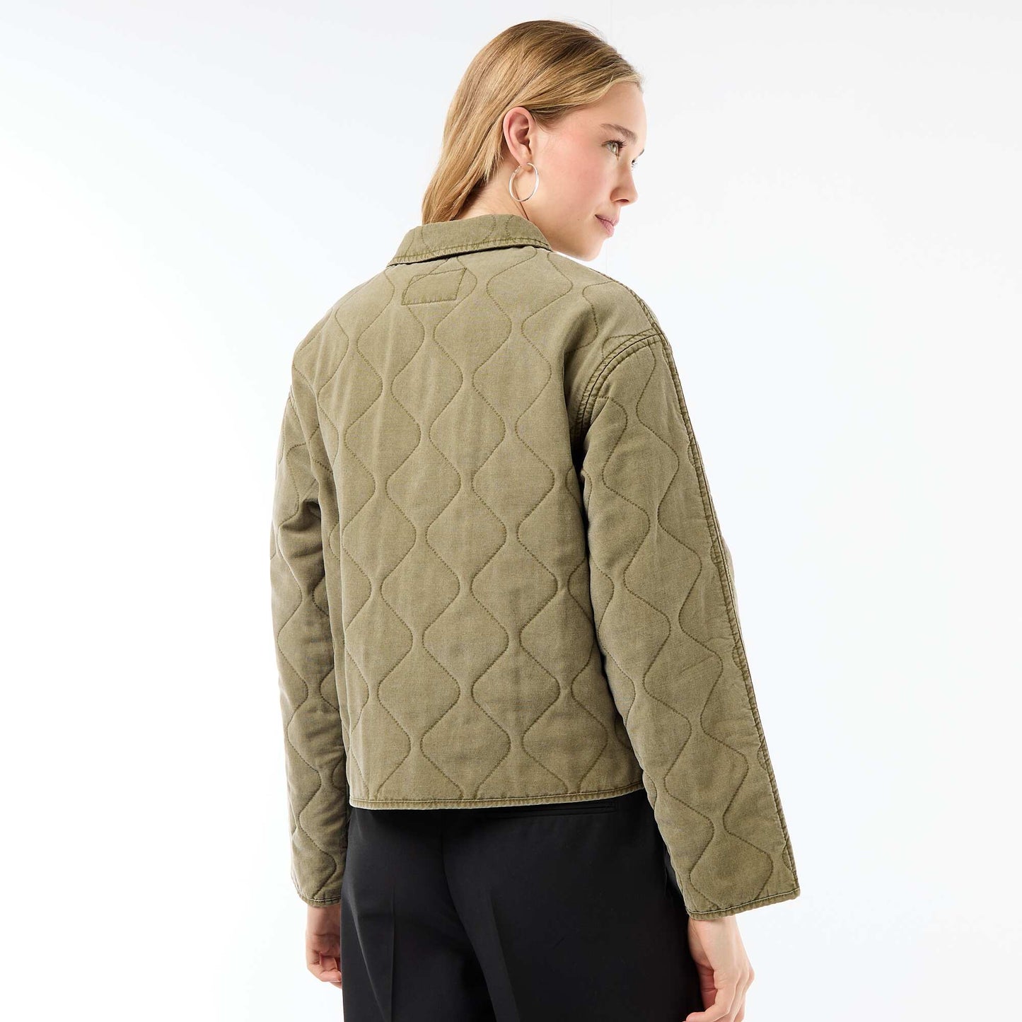 Solid Quilted Jacket with Shirt Collar KHAKI