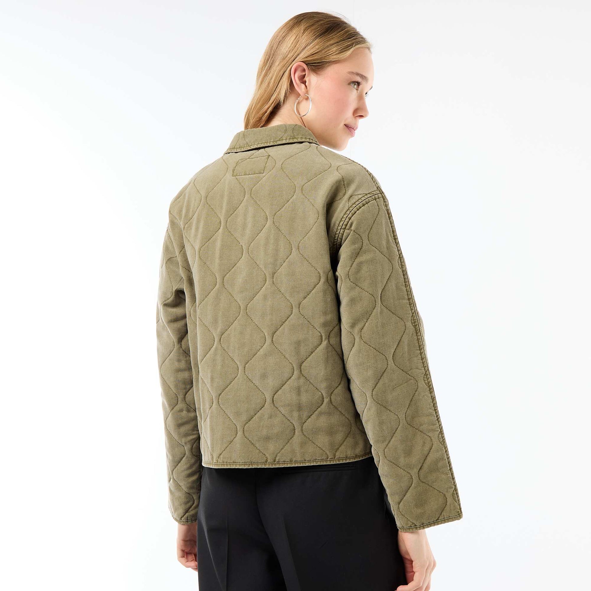 Solid Quilted Jacket with Shirt Collar KHAKI