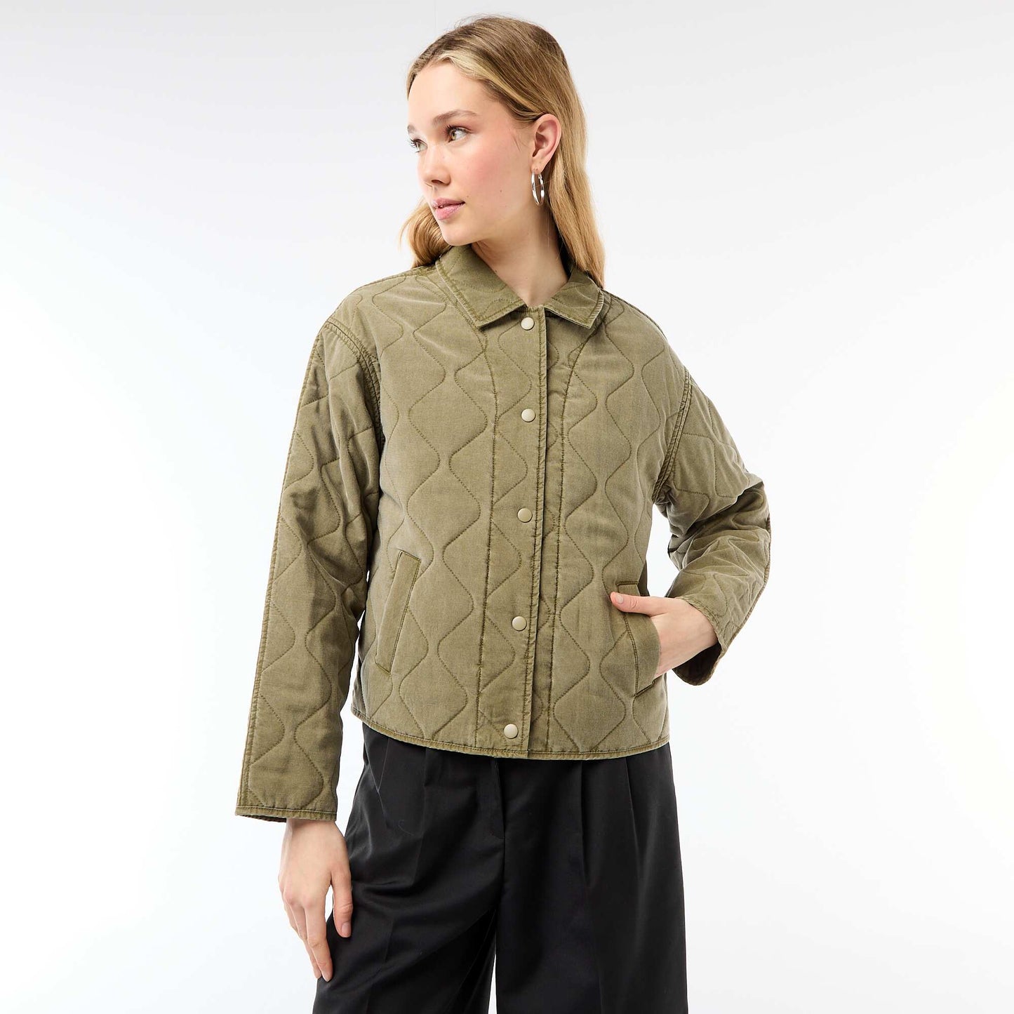 Solid Quilted Jacket with Shirt Collar KHAKI