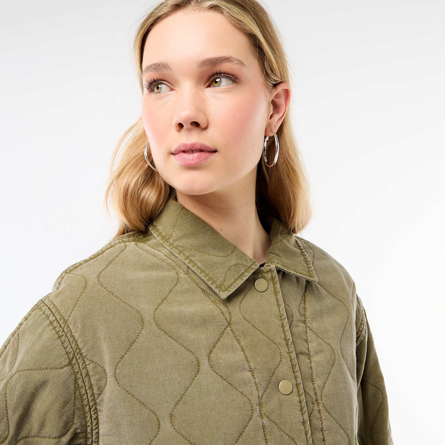 Solid Quilted Jacket with Shirt Collar KHAKI