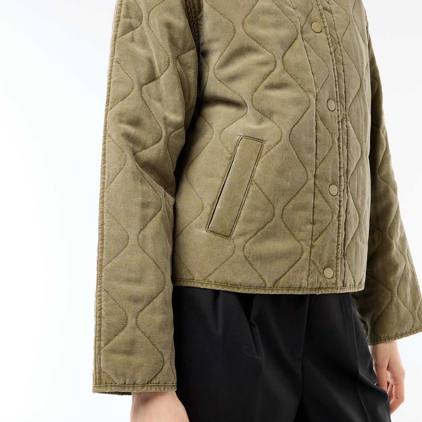 Solid Quilted Jacket with Shirt Collar KHAKI