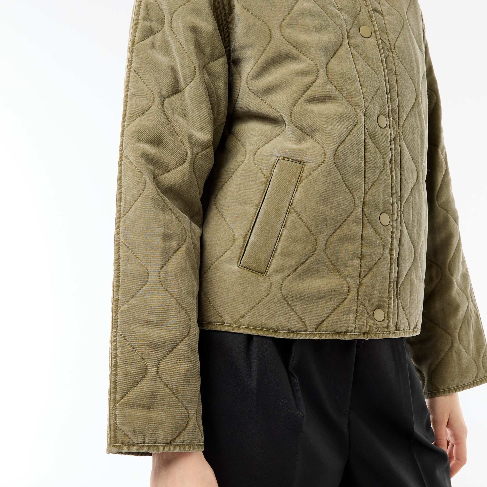 Solid Quilted Jacket with Shirt Collar KHAKI
