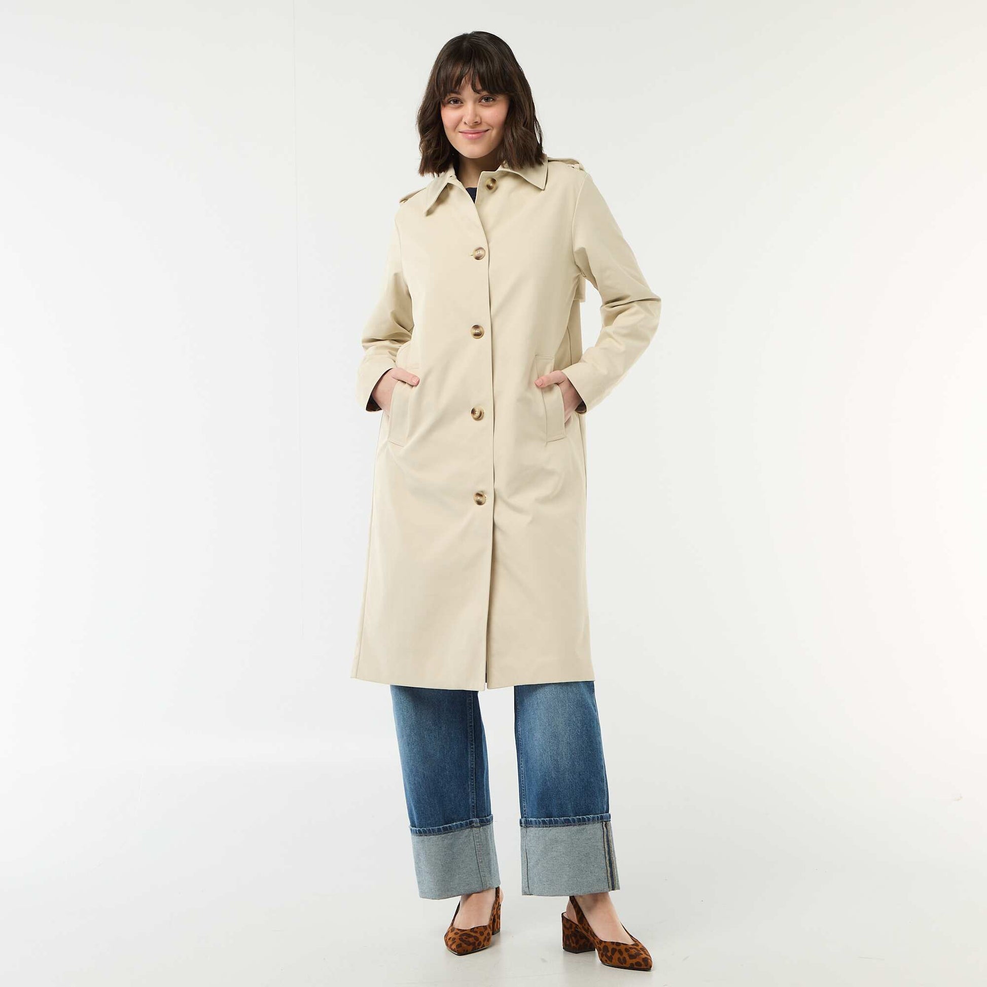 Mid-Length Shirt Collar Trench Coat BEIGE