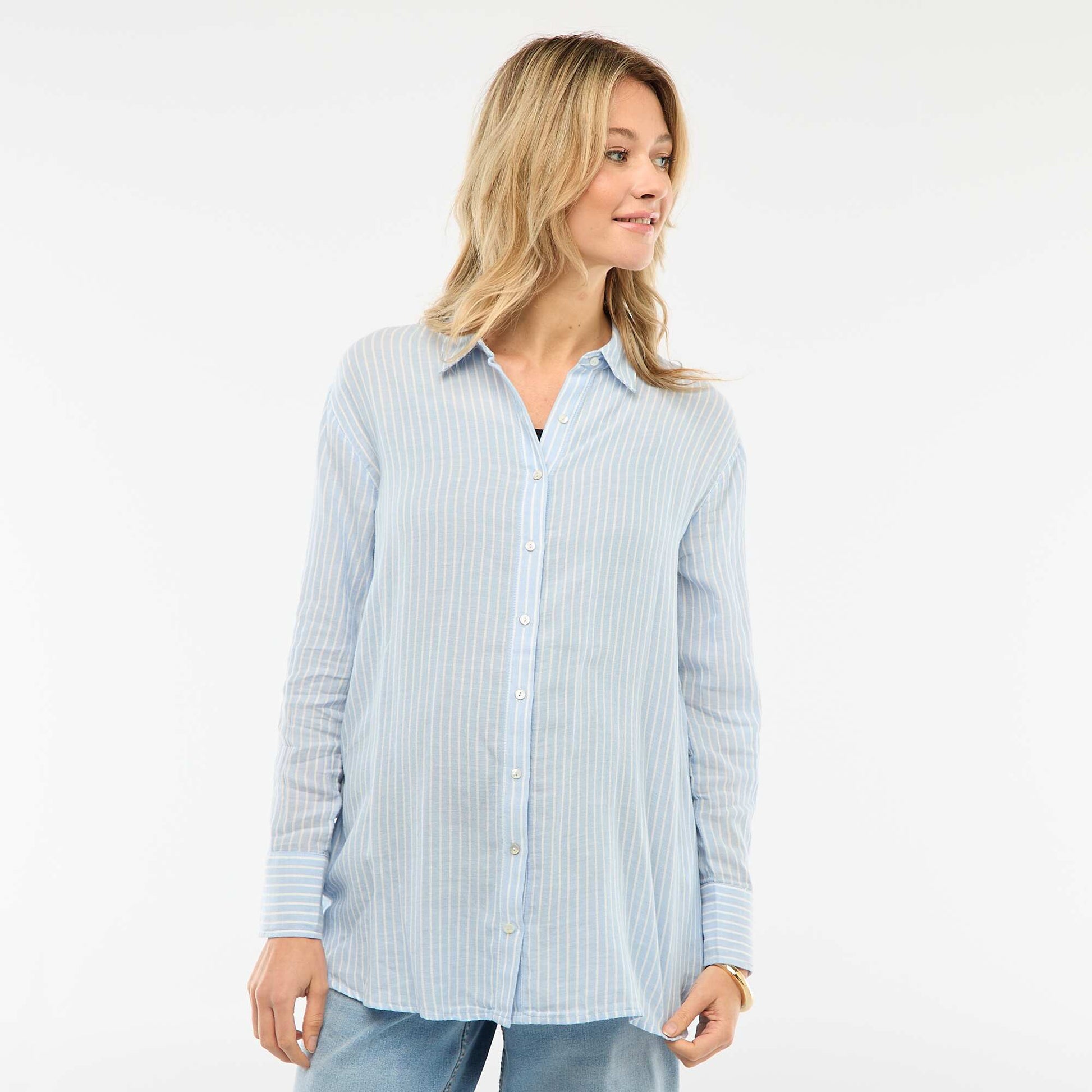 Striped Cotton Maternity Shirt BLUE